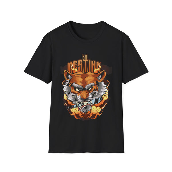 The Killer Tiger shirt by En Destino showcases a striking design of a fierce tiger holding a knife in its mouth, poised for action. The bold imagery captures the essence of power and danger, making it a standout piece for those looking to make a statement. Perfect for casual wear or as a conversation starter, this shirt combines unique artistry with a playful edge.