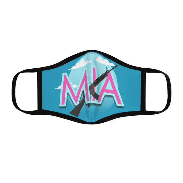 Men's face mask with a turquoise background featuring the letters MIA in hot pink and an AK-47 graphic against a clear sky.