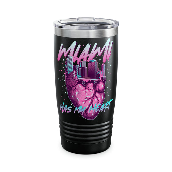 A 20oz stainless steel tumbler with a black base and a multicolored print that includes the text 'Miami' and 'has my heart' along with a cityscape and hearts graphic.