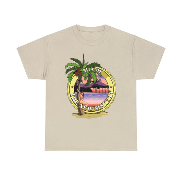 This Miami design highlights the beauty of Miami Beach. It includes the Miami seal with images of the beach and palm trees, alongside a woman in a bikini on the left side. The phrase "Miami: The New Sin City" is also featured.