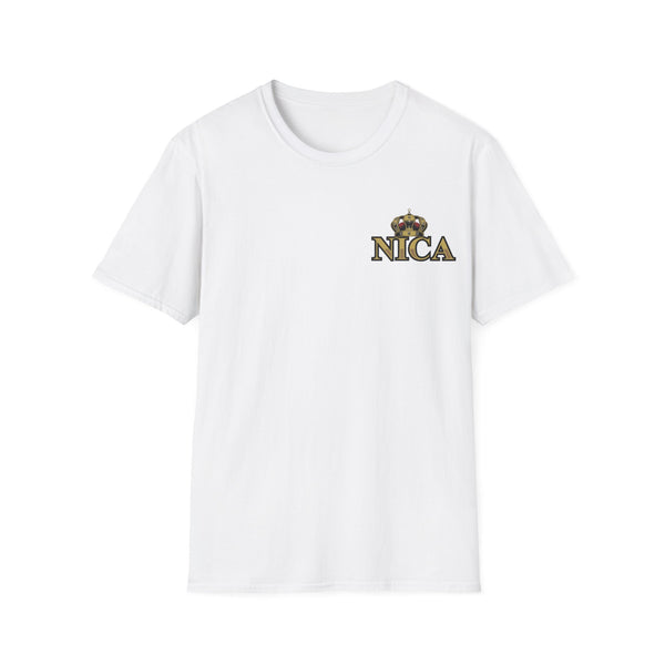 This Nicaragua-inspired shirt is a must-have for anyone wanting to showcase their pride. The front displays "NICA," symbolizing Nicaragua, adorned with a striking king's crown above it. The back features an eye-catching, larger design of Nicaragua's emblem, complete with a regal king. Crafted for a comfortable fit, this shirt is perfect for men who want to wear their culture with confidence and style.