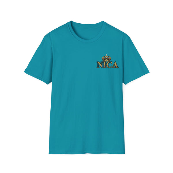 This Nicaragua-inspired shirt proudly displays "NICA" with a king's crown on the front and features a larger design of Nicaragua's emblem with a king on the back. It's designed for men and is a great way to show your cultural pride.