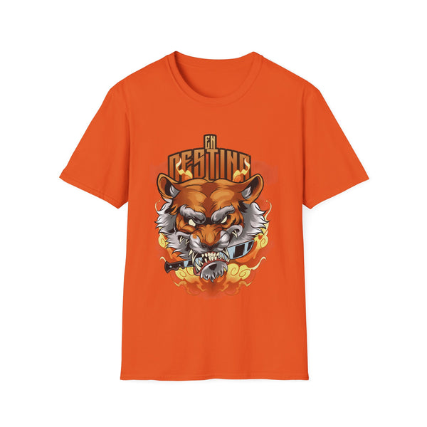 men's t-shirt with a fierce tiger holding a knife in its mouth and the phrase 'En Destino' printed in bright orange lettering.