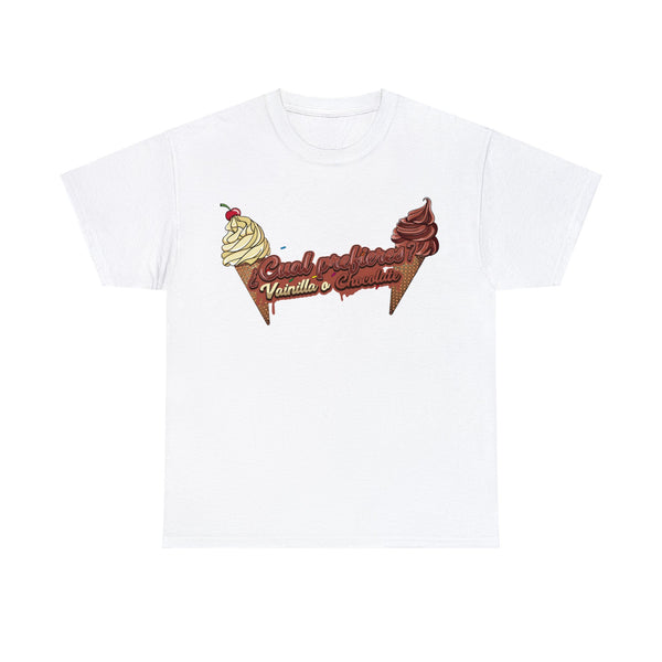 El diseño presenta dos conos de helado en ambos lados, uno de vainilla y otro de chocolate, con el mensaje "¿Cuál prefieres?" en el centro.