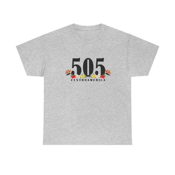 A gray t-shirt with a graphic print of tropical flowers and the number 505, representing Nicaragua, in the center.