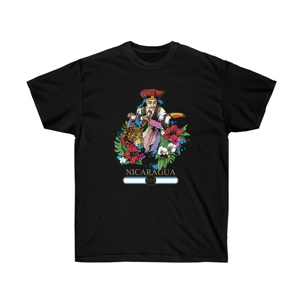 Este diseño muestra un personaje llamado El Gueguense, junto con dos animales que se encuentran comúnmente en Nicaragua: el jaguar y el tucán. También incorpora flores nativas como Sacuanjoche e Hibiscus.