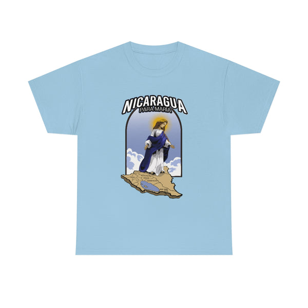 A blue t-shirt with an image of the Virgin Mary looking over the country of Nicaragua, with a background that includes part of the Nicaraguan coastline.