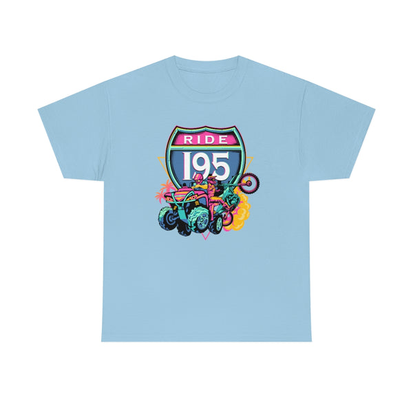 This shirt design pays homage to the vibrant Miami highway, I-95. It showcases a dynamic scene of a four-wheeler and a dirt bike performing a wheelie, adding an adventurous spirit to the design. In the background, there's an iconic I-95 highway sign, further emphasizing the theme. The color palette is inspired by South Beach, featuring lively shades of baby blue and hot pink, creating a fun and energetic vibe perfect for Miami enthusiasts.