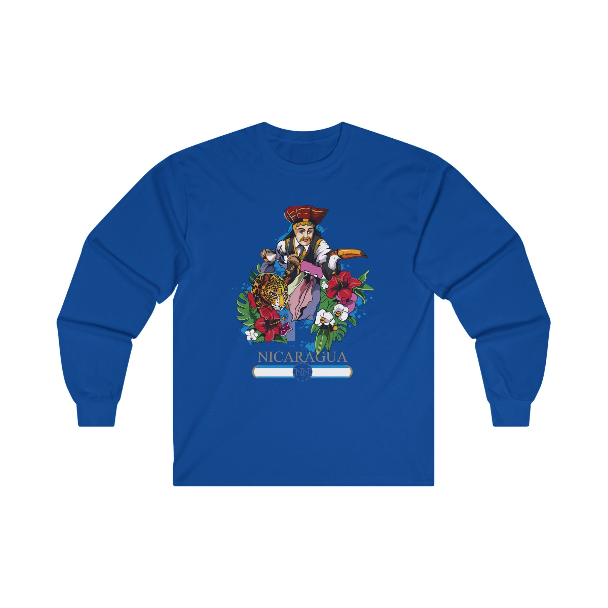 A long-sleeve men's tee in blue featuring a colorful graphic design with a character, animals, and flowers related to Nicaragua.