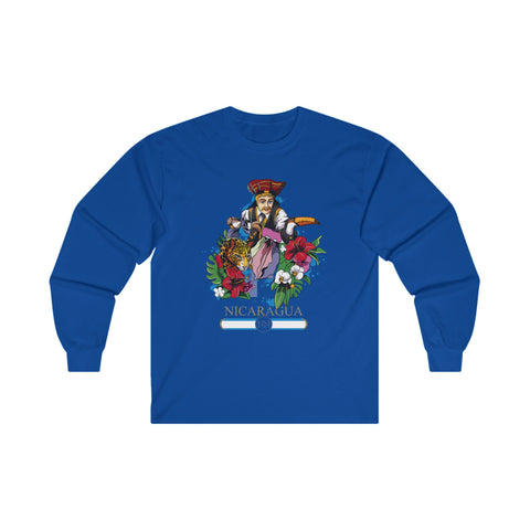 A long-sleeve men's tee in blue featuring a colorful graphic design with a character, animals, and flowers related to Nicaragua.