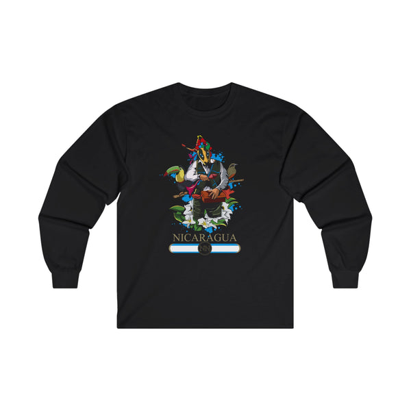 This shirt design showcases the vibrant essence of Nicaragua. At the center, you'll find Macho Raton, a charismatic character, flanked by beautifully illustrated birds on either side. Surrounding the design are flowers that are native to Nicaragua, adding a touch of natural beauty. At the bottom, the word "Nicaragua" is elegantly displayed in a striking gold color, completing the overall look of the shirt.