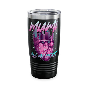 A 20oz stainless steel tumbler with a black base and a multicolored print that includes the text 'Miami' and 'has my heart' along with a cityscape and hearts graphic.