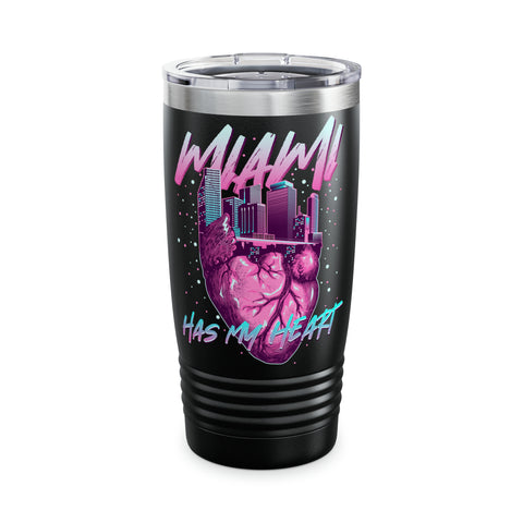 A 20oz stainless steel tumbler with a black base and a multicolored print that includes the text 'Miami' and 'has my heart' along with a cityscape and hearts graphic.