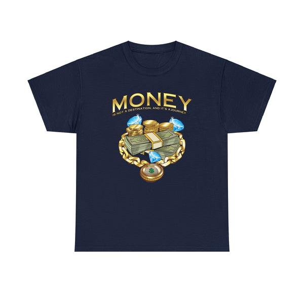 This men's urban wear tee boldly showcases a striking design that features a stack of money, a gold chain, and dazzling diamonds.