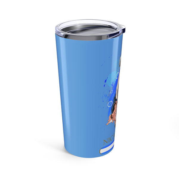 This 20 oz light blue stainless steel tumbler showcases a beautiful graphic of the Virgin Mary and an angel's child on its side. Elegantly displayed at the bottom of the design is the word "Nicaragua," rendered in shimmering gold hues. This tumbler is not only functional but also a unique piece of art that adds a personal touch to your drinkware collection.