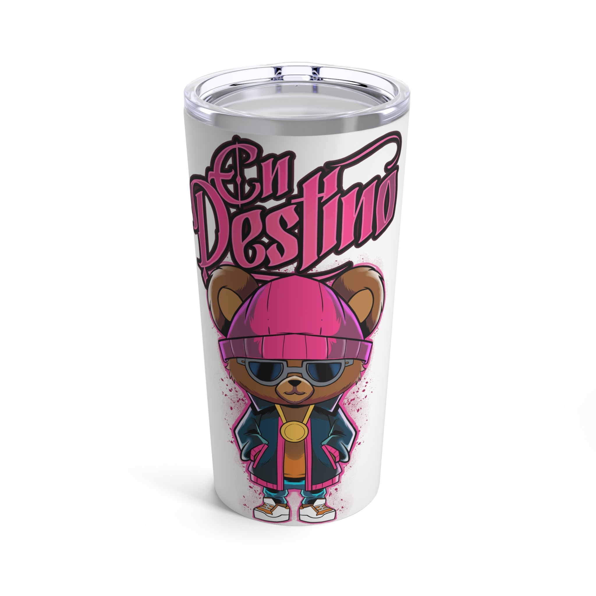 This tumbler showcases a charming design of a teddy bear, exuding a cool and calm vibe while wearing dark sunglasses. The phrase "En Destino" elegantly appears at the top of the design in a vibrant pink color, adding a playful touch to the overall aesthetic. This tumbler is perfect for anyone who loves unique and fun drinkware!