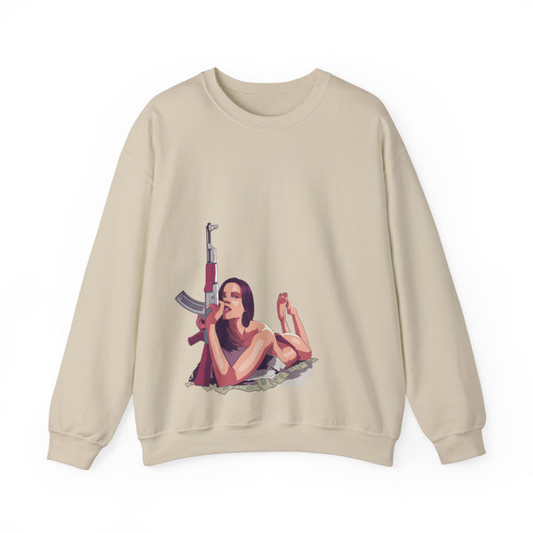 A beige crewneck sweatshirt with a graphic design of a woman holding an AK-47, and a caption 'Beautiful & Deadly'.