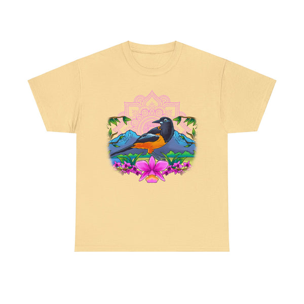 A women's yellow t-shirt with a graphic print of a bird and flowers on it.