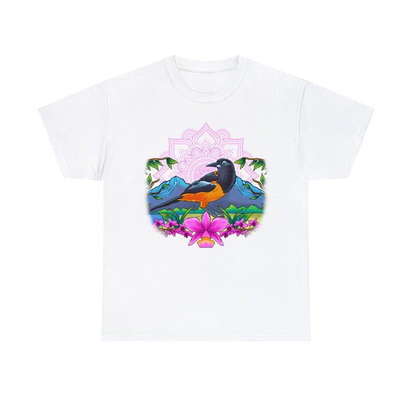 This stylish women's T-shirt showcases a beautifully designed troupial, the national bird of Venezuela, prominently displayed on the front. The troupial is artistically surrounded by vibrant pink flowers, creating a stunning contrast. In the background, picturesque mountains add depth to the design, making this shirt a perfect choice for those who want to celebrate Venezuela's natural beauty and cultural heritage. Ideal for everyday wear or as a unique gift, this T-shirt combines comfort and style effortles