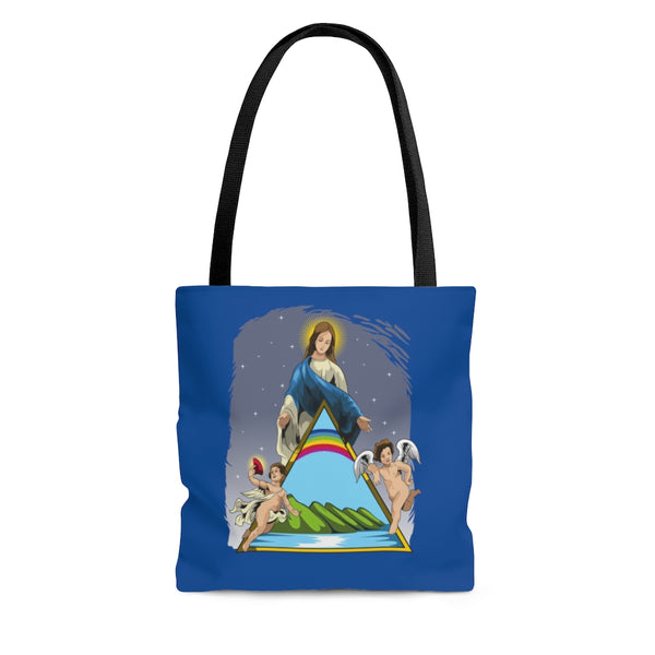 Este exquisito bolso de mano presenta un diseño personalizado único que representa a la Virgen María de Nicaragua. Elija entre dos impresionantes opciones de color: azul con una raya negra.