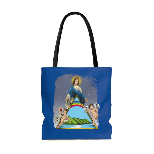 This exquisite tote bag showcases a unique custom design featuring the Virgin Mary of Nicaragua. Choose from two stunning color options: blue with a black stripe.