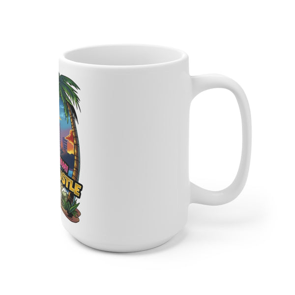 This 15oz coffee mug showcases a design depicting the beautiful beaches and sun of Miami, with the Miami skyline as the background. The words "Wake up Miami, Time to Hustle" add an inspiring touch.