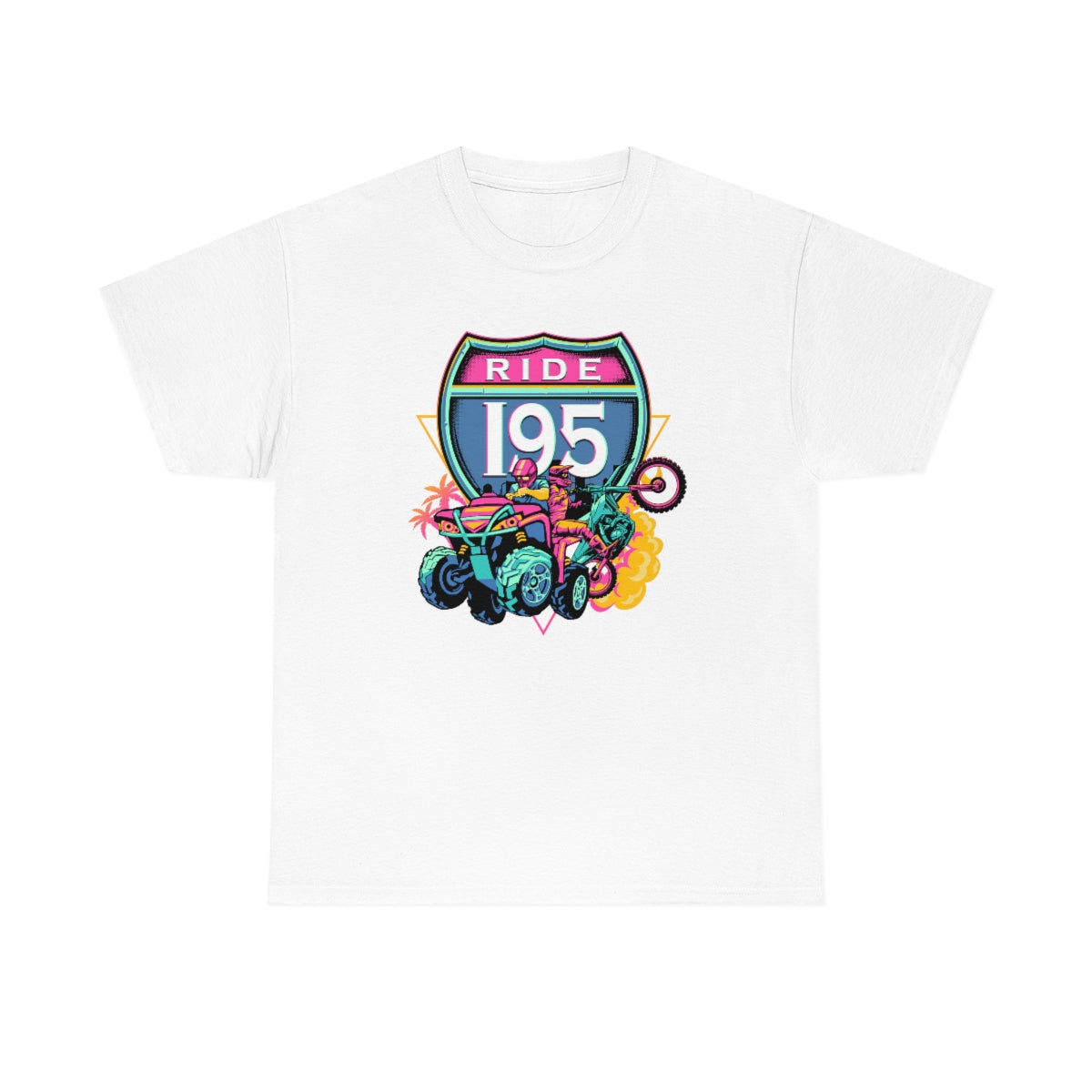 This stylish I95 men's shirt showcases one rider on a dirt bike and another on a four-wheeler, perfectly capturing the spirit of adventure. The I95 stands for Interstate Cross Florida, highlighting the vibrant connection to the area. With its bold Miami colors, this shirt is not just a garment; it’s a statement piece.