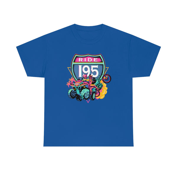 This shirt design is inspired by Miami's I-95 highway. It features a four-wheeler and a dirt bike doing a wheelie, with an I-95 highway sign in the background. The colors are vibrant South Beach shades of baby blue and hot pink.