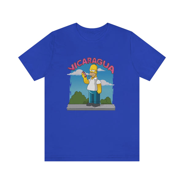 Check out this awesome Nicaragua men's shirt featuring Homer Simpson enjoying a delicious donut!