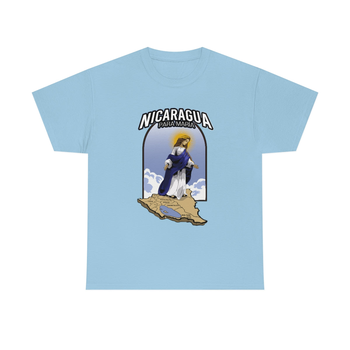A blue t-shirt with an image of the Virgin Mary looking over the country of Nicaragua, with a background that includes part of the Nicaraguan coastline.