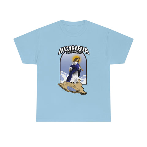 A blue t-shirt with an image of the Virgin Mary looking over the country of Nicaragua, with a background that includes part of the Nicaraguan coastline.