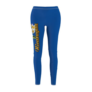 These women's leggings feature a stunning design that pays tribute to Nicaragua. Adorned with the country's national flower, Sacuanjoche, and the turquoise-browed motmot, also known as the "Guardabarranco," these leggings are a beautiful representation of the country's culture. The word "Nicaragua" is elegantly displayed in dark gold, adding a touch of sophistication to the design.