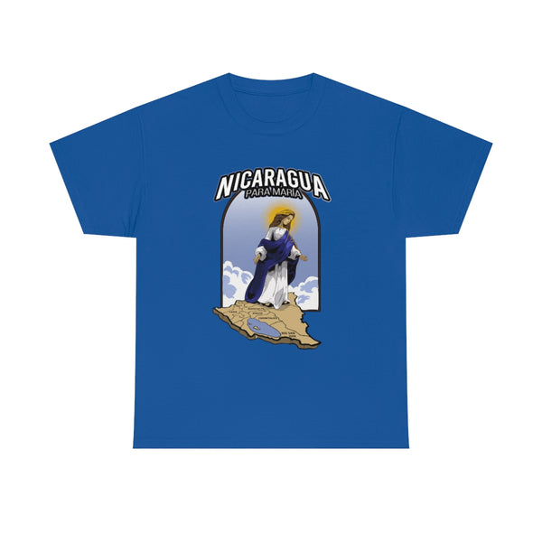 This striking shirt design celebrates the rich cultural heritage of Nicaragua, featuring the revered Virgin Mary, known as Our Lady of Nicaragua. Portrayed in heavenly grace, she gazes down protectively over the beautiful map of Nicaragua. The phrase "Nicaragua para María," elegantly inscribed above the image, powerfully conveys deep devotion and pride. This design not only showcases artistic beauty but also embodies the spirit of protection and love that the Virgin Mary represents for the Nicaraguan people